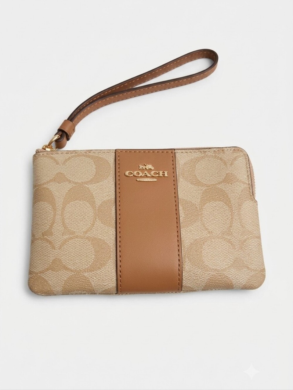 Coach Tan Signature Canvas Wristlet with Saddle Leather Trim